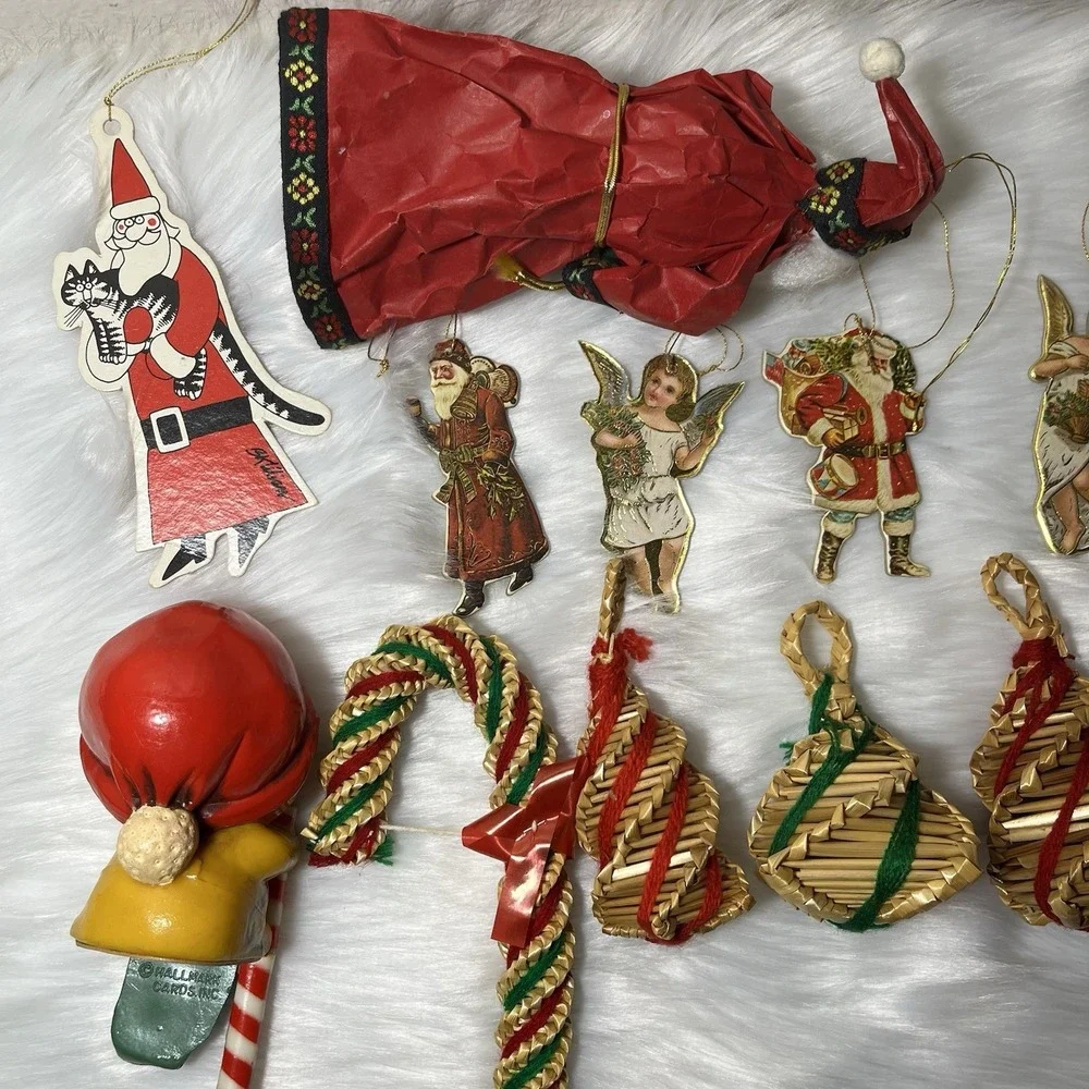 Vintage Christmas Ornaments Lot Hallmark Shelf Sitter Silvestri / Straw Folk Art